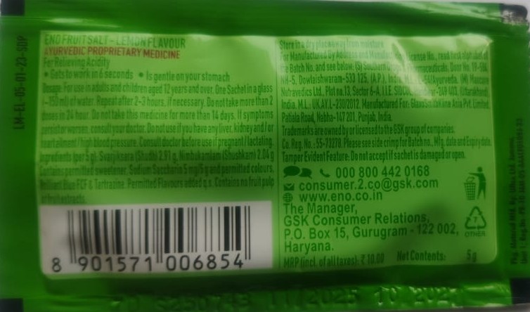 ENO Fruit Salt Lemon Flavour Sachet 5g
